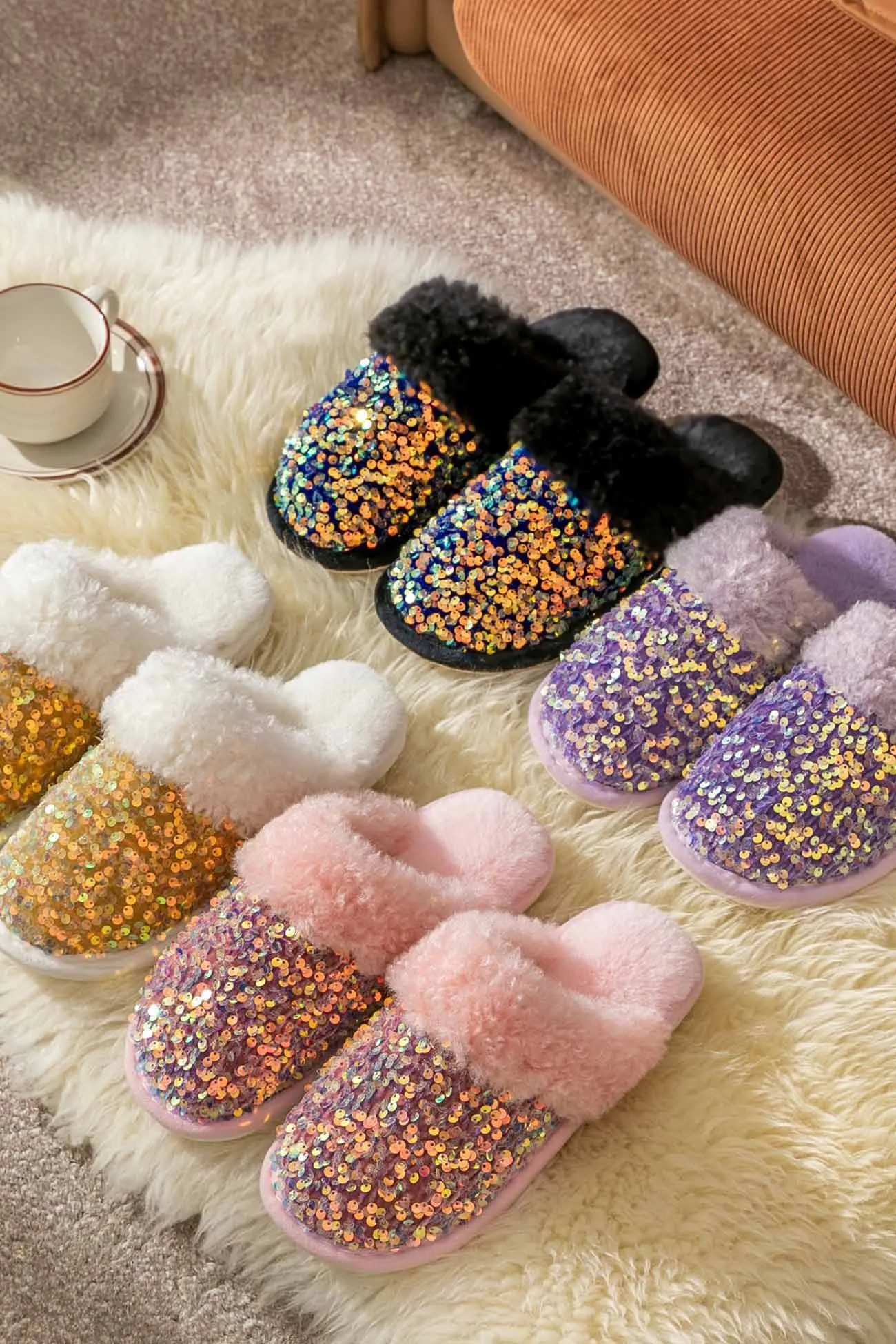 Amozae-Sequin Plush Slippers