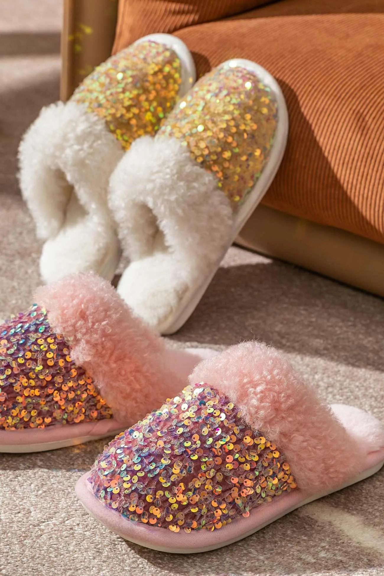 Amozae-Sequin Plush Slippers