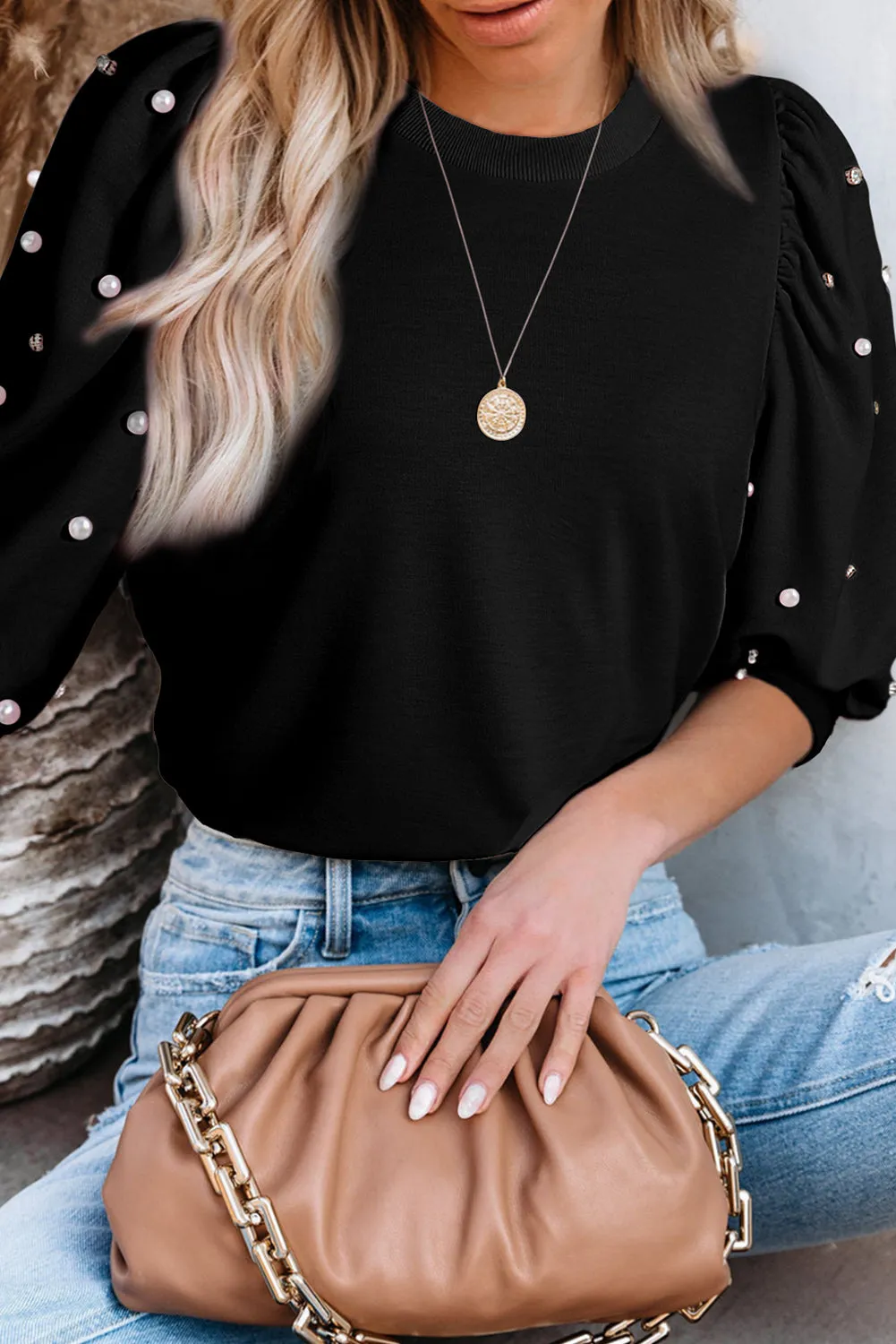 Light Pink Rhinestone Pearl Detail Puff Sleeve Plain Top