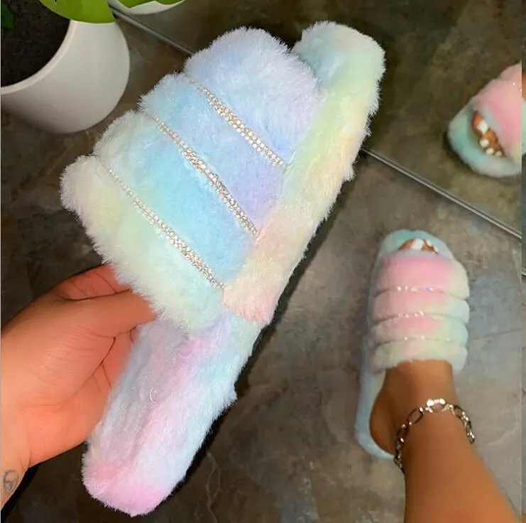 Rhinestone Plush Slippers for Women