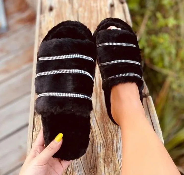 Rhinestone Plush Slippers for Women