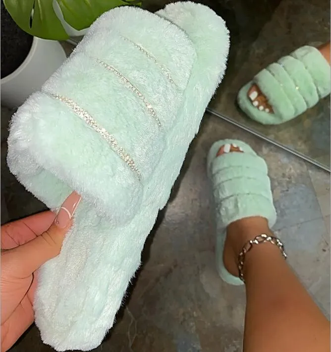 Rhinestone Plush Slippers for Women