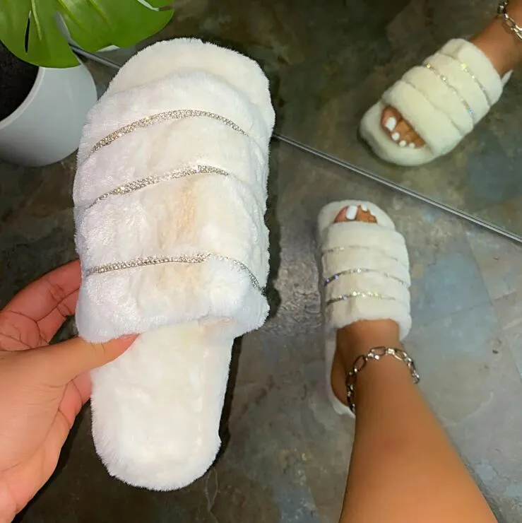Rhinestone Plush Slippers for Women