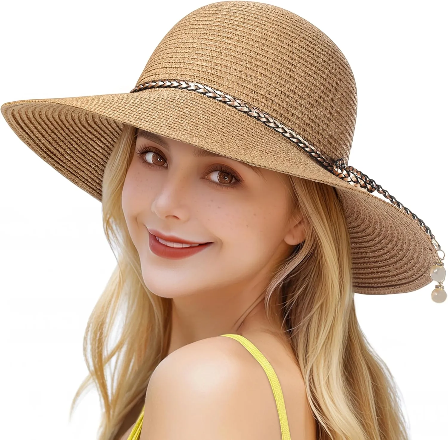 Womens Beach Sun Straw Hat - UV Protection UPF 50  Sun Hats for Women with Wide Brim